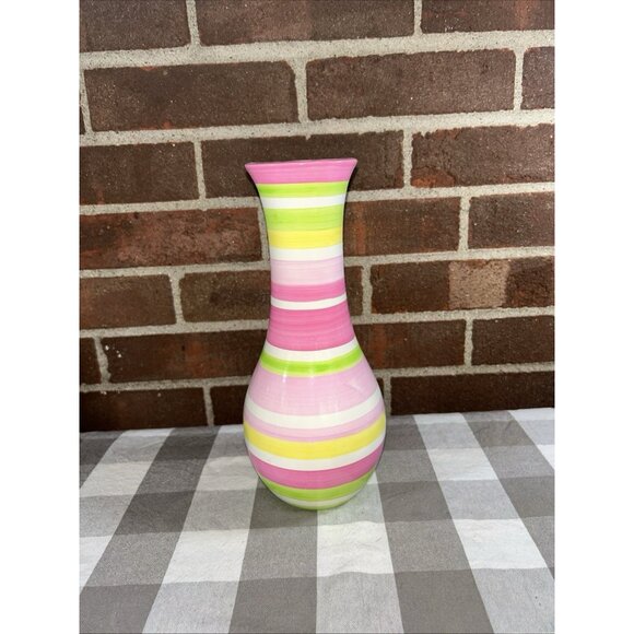 Swirl Hand Painted Vase Pink, Yellow, Green, Pastel Collection 10” Ceramic - Picture 2 of 5